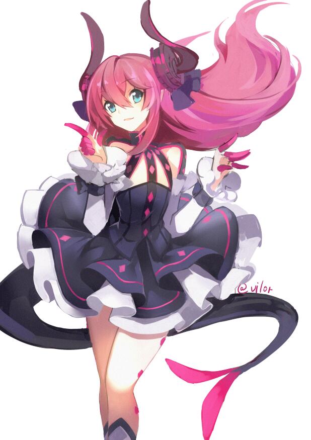 1girl animal_ears black_dress blush commentary curled_horns detached_sleeves dragon_girl dragon_horns dragon_tail dress elizabeth_bathory_(fate) elizabeth_bathory_(fate)_(all) eyebrows_visible_through_hair fate/grand_order fate_(series) feet_out_of_frame flat_chest grey_legwear hands_up horns index_finger_raised kneehighs layered_dress long_hair long_sleeves looking_at_viewer parted_lips pink_hair sidelocks simple_background smile solo standing symbol_commentary tail tareme twitter_username very_long_hair vilor white_background white_sleeves