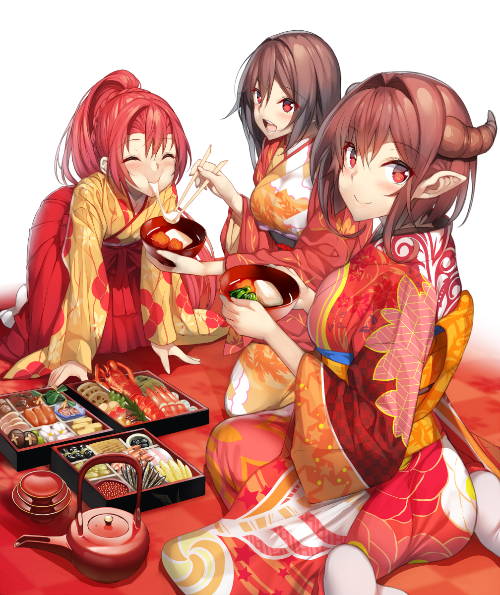 3girls blush brown_hair chopsticks closed_eyes eating eyebrows_visible_through_hair food highres horns japanese_clothes kimono konomi_(yappen) kurimu_(yappen) long_hair looking_at_another looking_at_viewer looking_back mochi multiple_girls obi open_mouth original pointy_ears redhead sash short_hair sitting smile socks wariza white_background wide_sleeves yappen zouni_soup