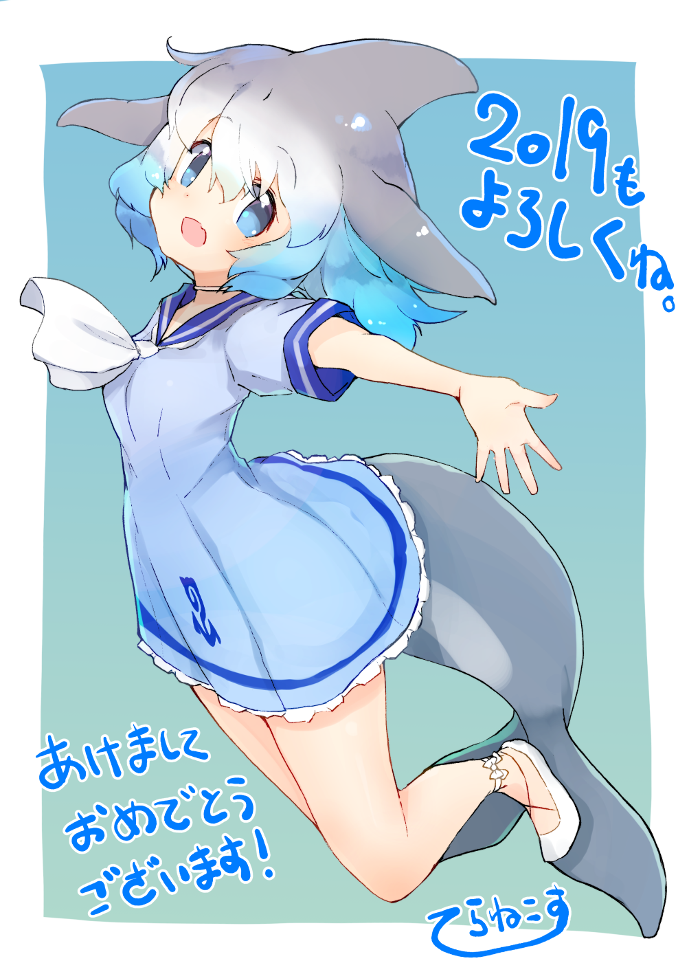 1girl 2019 :d ascot blue_background blue_dress blue_eyes blue_hair common_bottlenose_dolphin_(kemono_friends) dolphin_tail dress frilled_dress frills full_body gradient_hair grey_hair highres kemono_friends looking_at_viewer medium_hair multicolored_hair open_mouth outstretched_arm sailor_dress shoes short_sleeves simple_background smile solo tail teranekosu translation_request white_neckwear