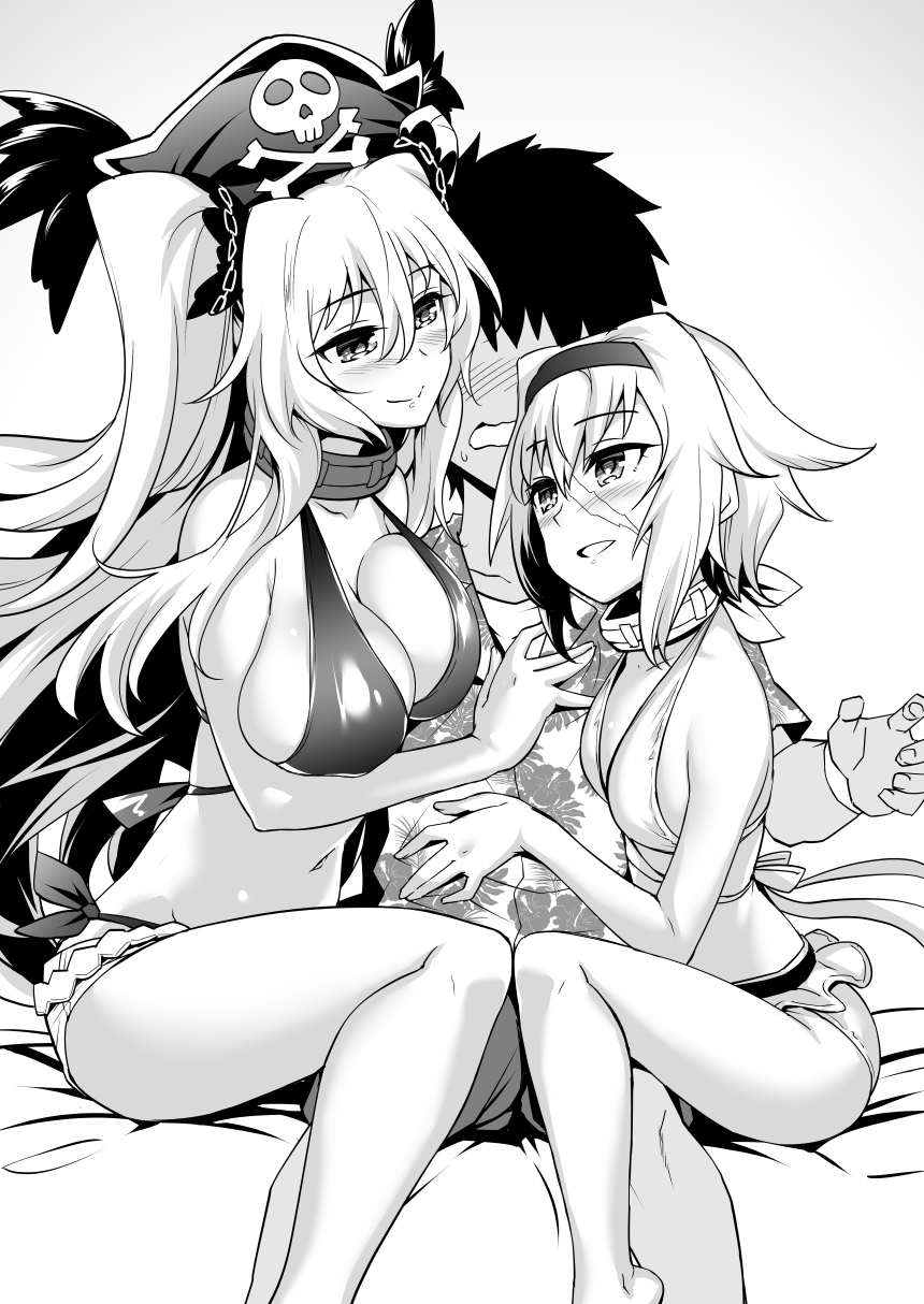 1boy 2girls alternate_costume anne_bonny_(fate/grand_order) anne_bonny_(swimsuit_archer)_(fate) bangs bare_shoulders bikini bikini_top blush breasts cleavage collar collarbone eyebrows_visible_through_hair facial_scar fate/grand_order fate_(series) flirting fujimaru_ritsuka_(male) greyscale hat hawaiian_shirt heart highres hips large_breasts long_hair mary_read_(fate/grand_order) mary_read_(swimsuit_archer)_(fate) monochrome multiple_girls navel ono_misao open_mouth pirate_hat scar shirt short_hair short_shorts shorts sitting small_breasts smile swimsuit thighs very_long_hair