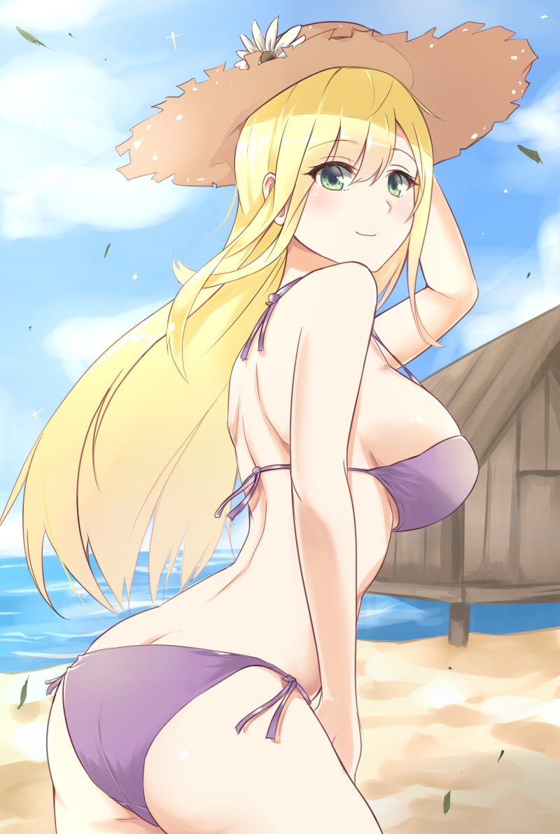1girl ass back bangs beach bikini blonde_hair blue_eyes blue_sky breasts brown_hat butt_crack closed_mouth clouds cloudy_sky commentary cowboy_shot crotch_seam eyebrows_visible_through_hair flower from_side green_eyes hand_on_headwear hat hat_flower huge_breasts large_breasts leaning_forward light_blush long_hair looking_at_viewer looking_back ocean original purple_bikini side-tie_bikini skindentation sky smile solo straw_hat swimsuit wasami_(a27678193a) wind