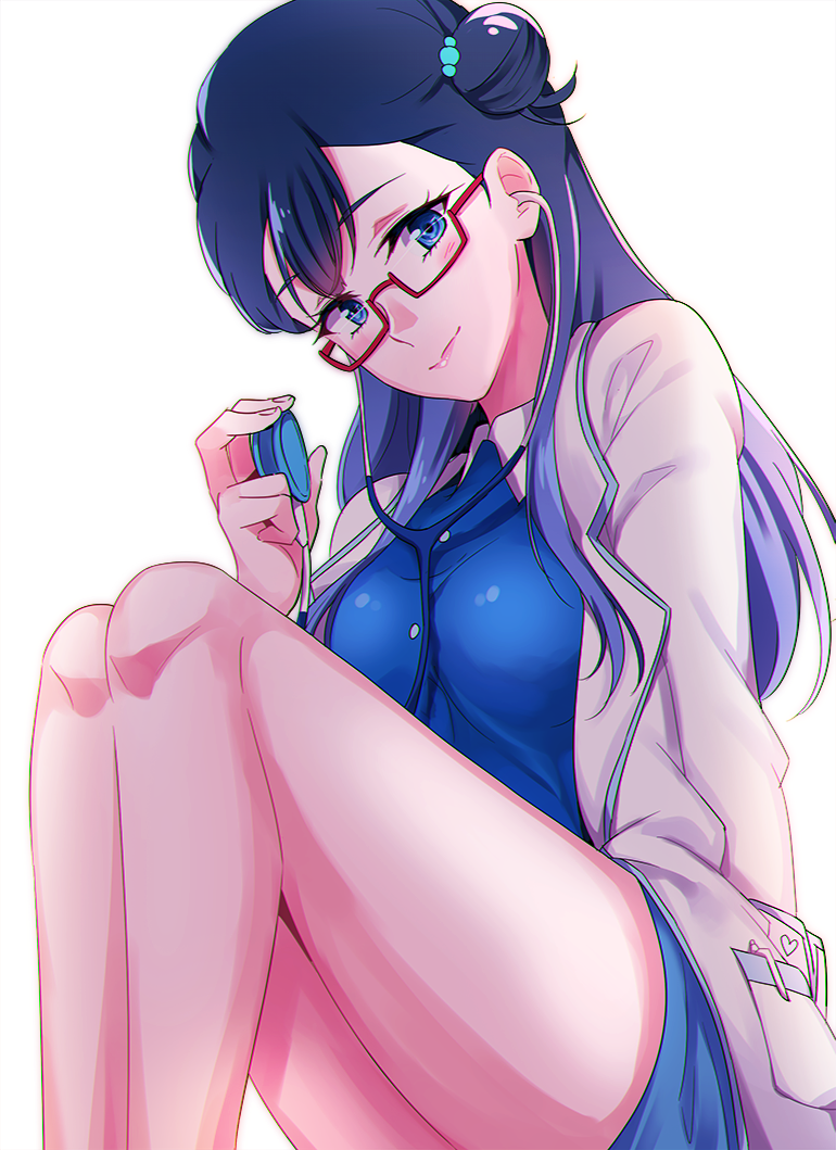 1girl blue_eyes blue_hair closed_mouth glasses hair_bun hugtto!_precure legs lips long_hair long_sleeves looking_at_viewer negom precure red-framed_eyewear semi-rimless_eyewear simple_background sitting smile solo stethoscope under-rim_eyewear white_background yakushiji_saaya