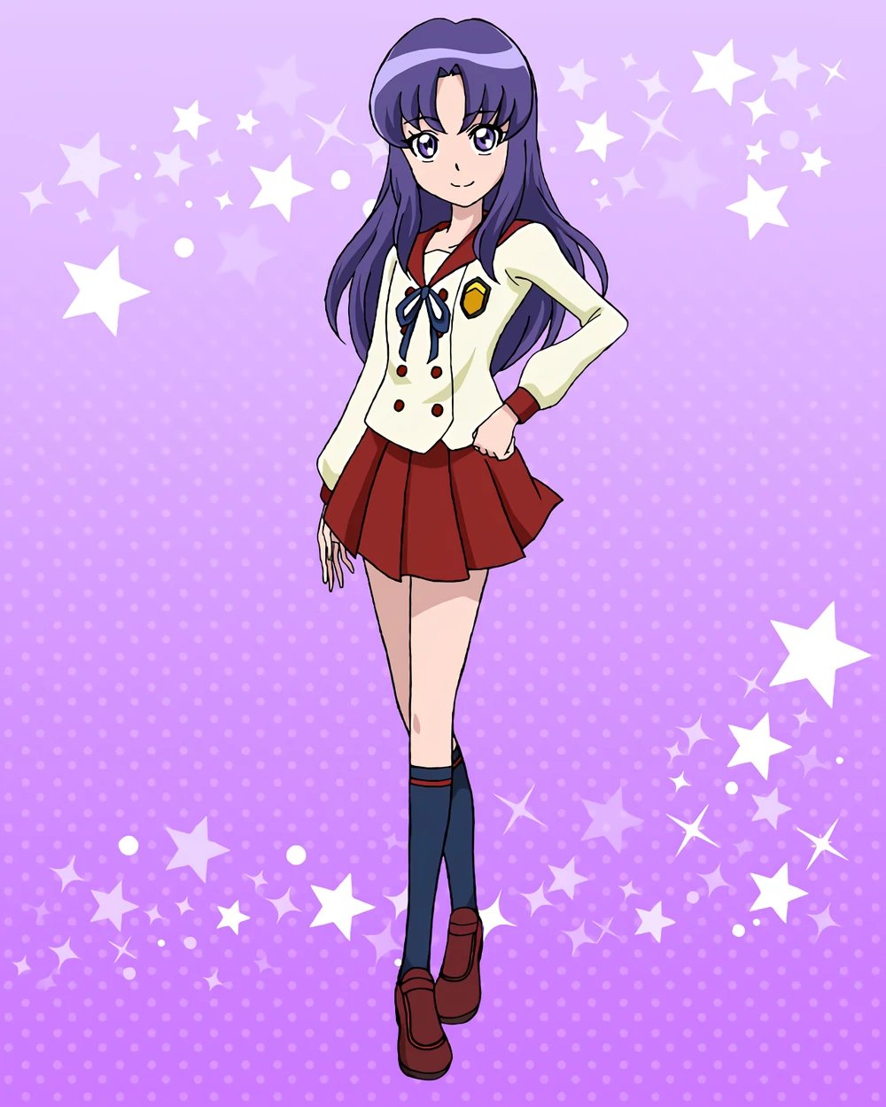 1girl hand_on_hip happinesscharge_precure! highres hikawa_iona loafers long_hair long_sleeves official_art parted_bangs pikarigaoka_middle_school_uniform pleated_skirt precure precure_connection_puzzlun purple_hair red_sailor_collar red_skirt sailor_collar school_uniform shoes skirt socks solo third-party_source violet_eyes