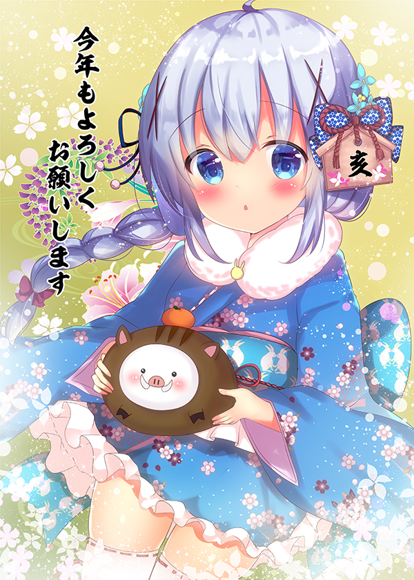 1girl ahoge angora_rabbit animal animal_costume bangs blue_bow blue_eyes blue_hair blue_kimono blush boar_costume bow braid commentary_request dutch_angle ema eyebrows_visible_through_hair floral_print frilled_kimono frills fur_collar gochuumon_wa_usagi_desu_ka? hair_between_eyes hair_bow hair_ornament holding holding_animal japanese_clothes kafuu_chino kimono long_hair long_sleeves looking_at_viewer new_year obi parted_lips print_kimono rabbit ribbon-trimmed_legwear ribbon_trim rikatan sash short_kimono sidelocks single_braid skindentation thigh-highs tippy_(gochiusa) very_long_hair white_legwear wide_sleeves