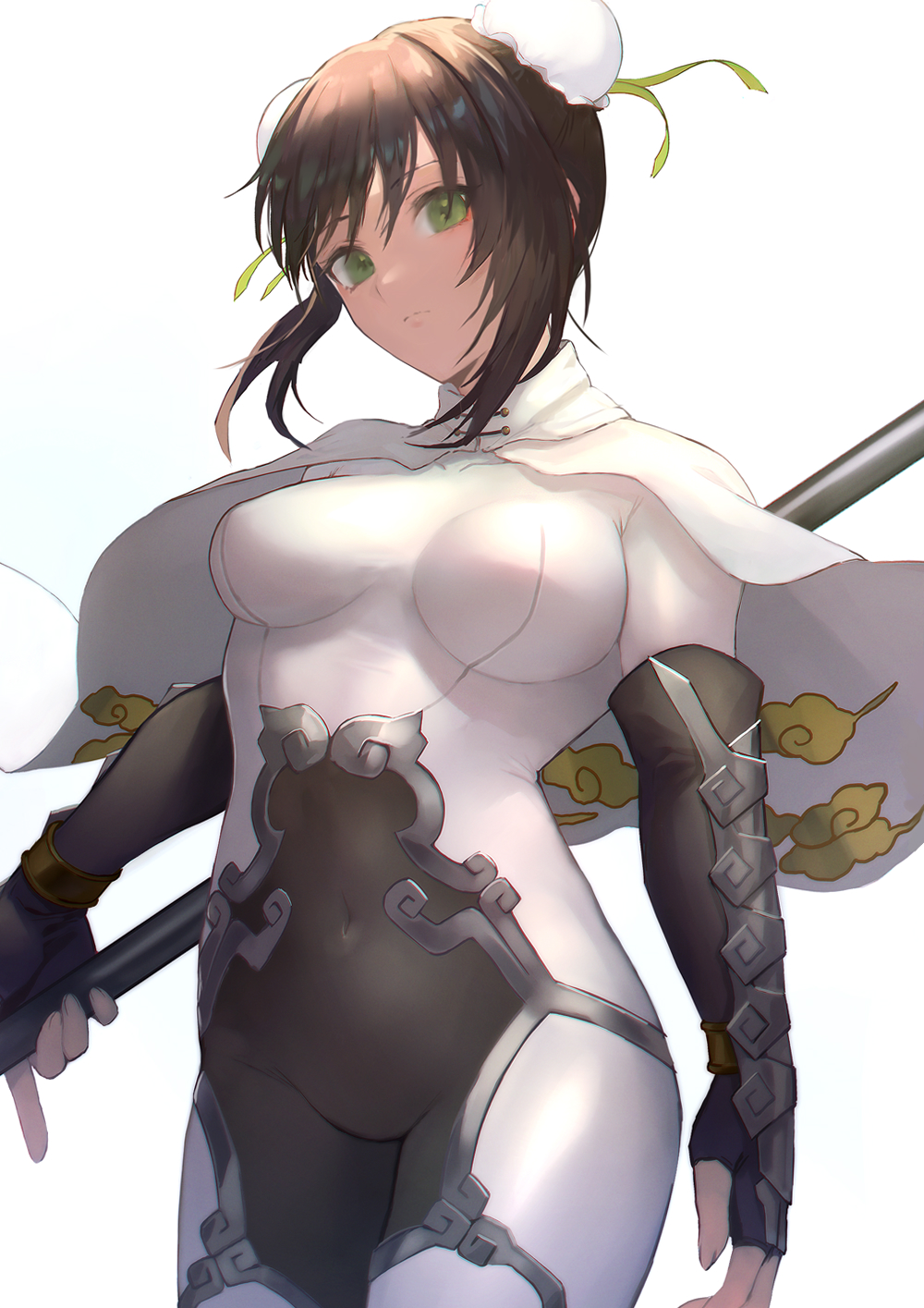 1girl arm_guards bangs black_gloves black_hair blush bodysuit breasts bun_cover cape closed_mouth cloud_print covered_navel double_bun elbow_gloves fate/grand_order fate_(series) fingerless_gloves gloves green_eyes green_ribbon hair_bun highres looking_at_viewer medium_breasts otsukemono polearm qin_liangyu_(fate) revision ribbon sidelocks simple_background solo spear thighs weapon white_bodysuit white_cape