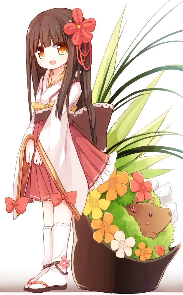 1girl :d animal bangs blush boar bow brown_bow brown_eyes brown_flower brown_footwear brown_hair chinese_zodiac commentary_request eyebrows_visible_through_hair flower frilled_skirt frills hair_flower hair_ornament japanese_clothes kimono kneehighs long_hair long_sleeves open_mouth original pleated_skirt red_bow red_flower red_skirt short_kimono skirt sleeves_past_wrists smile solo standing very_long_hair white_background white_flower white_kimono white_legwear wide_sleeves year_of_the_pig yellow_flower yuuhagi_(amaretto-no-natsu) zouri