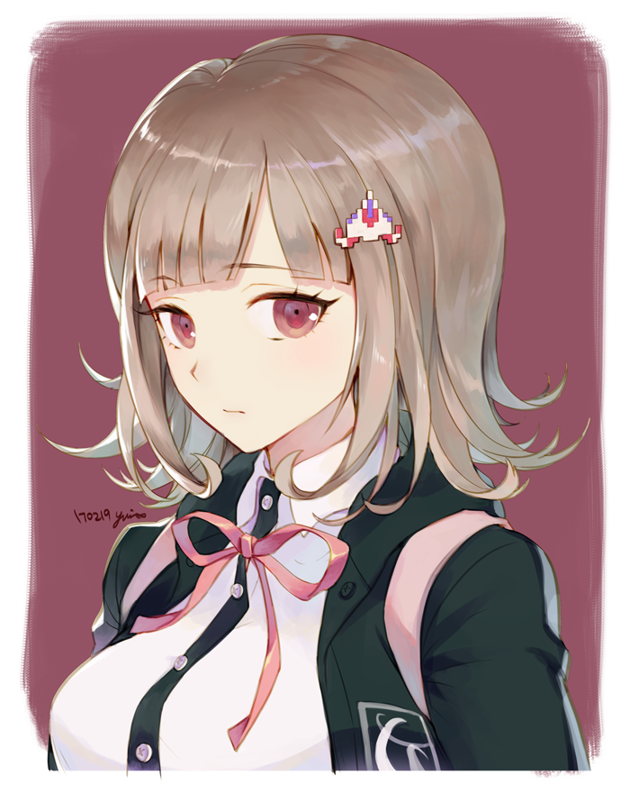 1girl artist_name backpack bag black_hoodie breasts closed_mouth commentary dangan_ronpa eyebrows_visible_through_hair face flipped_hair frame hair_ornament hairclip hood hoodie large_breasts light_brown_hair long_eyelashes looking_at_viewer nanami_chiaki number open_eyes out_of_frame pink_background pink_eyes pink_ribbon ribbon shirt short_hair signature simple_background solo super_dangan_ronpa_2 white_shirt yuri_(anachronic)