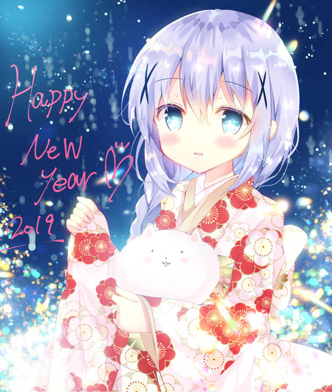 1girl 2019 angora_rabbit animal animal_hug bangs bitter_crown blue_eyes blue_hair blush braid commentary_request eyebrows_visible_through_hair floral_print gochuumon_wa_usagi_desu_ka? hair_between_eyes hair_ornament hand_up happy_new_year japanese_clothes kafuu_chino kimono long_hair long_sleeves looking_at_viewer new_year parted_lips pinching_sleeves pink_kimono print_kimono rabbit single_braid sleeves_past_wrists tippy_(gochiusa) wide_sleeves x_hair_ornament