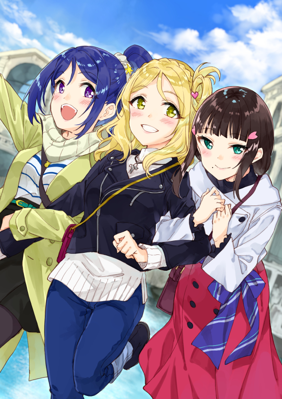 3girls :d aqua_eyes arm_up bag bangs belt_buckle between_breasts black_jacket black_skirt blonde_hair blue_bow blue_hair blunt_bangs bow braid breasts brown_hair buckle casual closed_mouth clouds cloudy_sky coat commentary_request cross cross_necklace crown_braid day denim dutch_angle eyebrows_visible_through_hair green_eyes grin hair_ornament hair_rings hair_scrunchie hairclip jacket jeans jewelry kurosawa_dia leaning_forward leg_up locked_arms long_hair long_skirt long_sleeves looking_at_viewer love_live! love_live!_sunshine!! matsuura_kanan medium_breasts miyabi_akino mole mole_under_mouth multiple_girls necklace ohara_mari open_clothes open_coat open_mouth outdoors pants parted_bangs ponytail red_skirt scarf scrunchie shirt shoulder_bag sidelocks skirt sky smile strap_cleavage striped striped_shirt sweater tareme teeth upper_teeth violet_eyes white_coat white_scarf white_sweater yellow_coat
