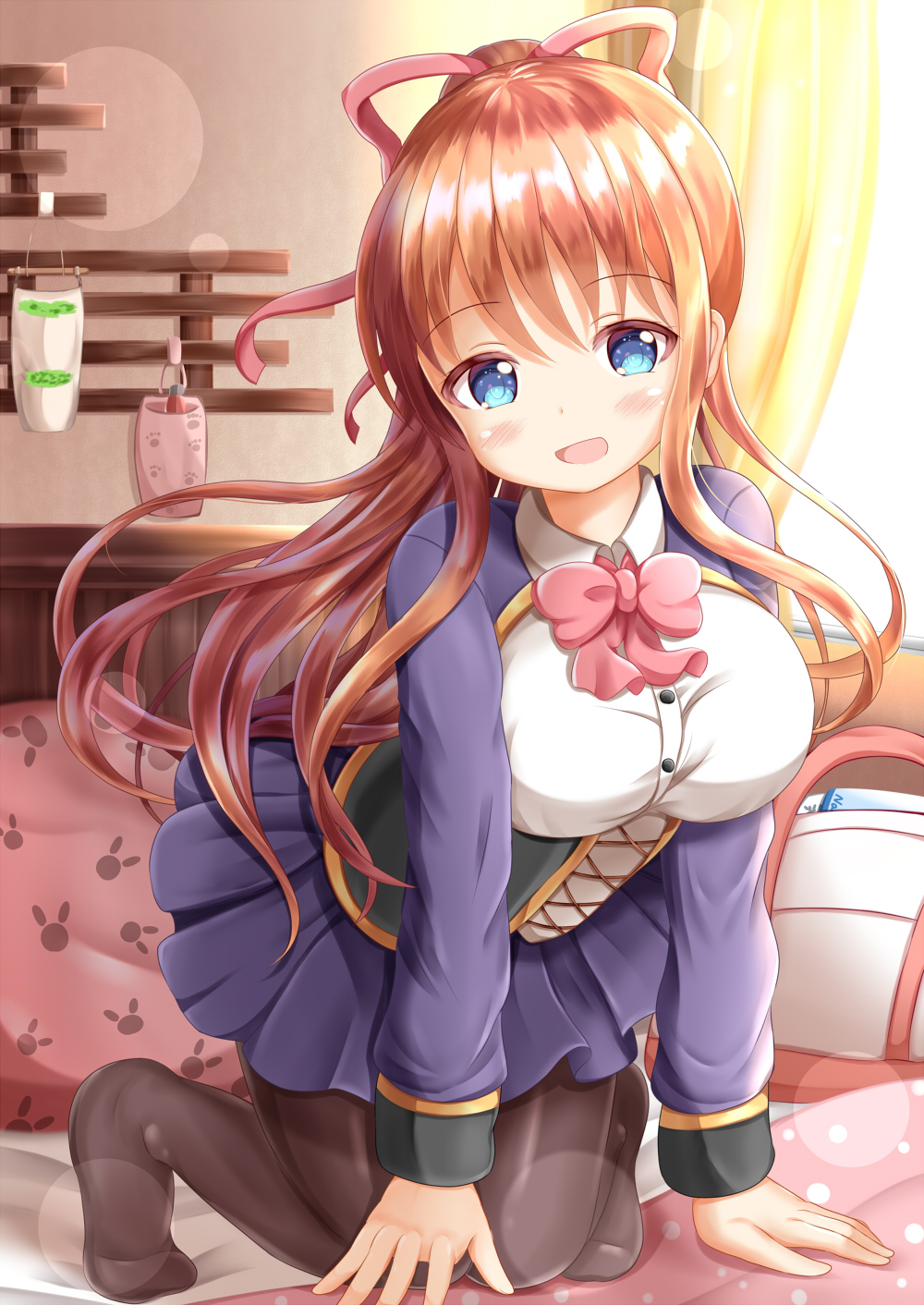 1girl :d arm_support bag bangs bed_sheet blue_eyes blue_jacket blue_skirt blush bow breasts brown_hair brown_legwear commentary_request curtains day dress_shirt eyebrows_visible_through_hair hair_between_eyes hair_ribbon head_tilt high_ponytail highres jacket kneeling large_breasts long_hair long_sleeves looking_at_viewer open_mouth original pantyhose pillow pleated_skirt ponytail red_bow red_ribbon ribbon shirt skirt smile solo sunlight very_long_hair white_shirt window zenon_(for_achieve)