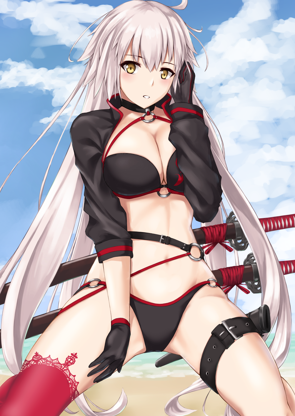 1girl ahoge bangs beach bikini black_bikini black_gloves blue_sky blush breasts cleavage clouds day enchuu eyebrows_visible_through_hair fate/grand_order fate_(series) gloves halter_top halterneck hand_up head_tilt highres horizon jeanne_d'arc_(alter_swimsuit_berserker) jeanne_d'arc_(fate)_(all) katana kneeling large_breasts leg_belt legs_apart long_hair long_sleeves looking_at_viewer navel ocean outdoors parted_lips red_legwear sheath sheathed shrug_(clothing) sidelocks silver_hair single_thighhigh sky solo stomach swimsuit sword thigh-highs thighs very_long_hair water weapon weapon_on_back yellow_eyes