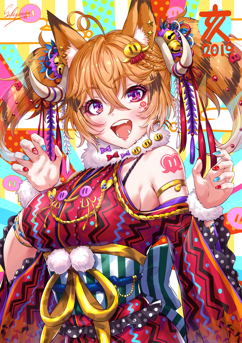 1girl animal_ear_fluff animal_ears armlet bangs bell blue_nails blush boar bow breasts brown_hair chinese_zodiac crossed_bangs fangs fox_ears fox_tail fur_collar hair_bell hair_bow hair_ornament hair_ribbon hands_up highres horns japanese_clothes jingle_bell kimono large_breasts long_hair looking_at_viewer nail_polish obi open_mouth original red_kimono red_nails ribbon sakiyamama sash shoulder_cutout sidelocks signature smile solo star tail tattoo twintails violet_eyes wide_sleeves year_of_the_pig