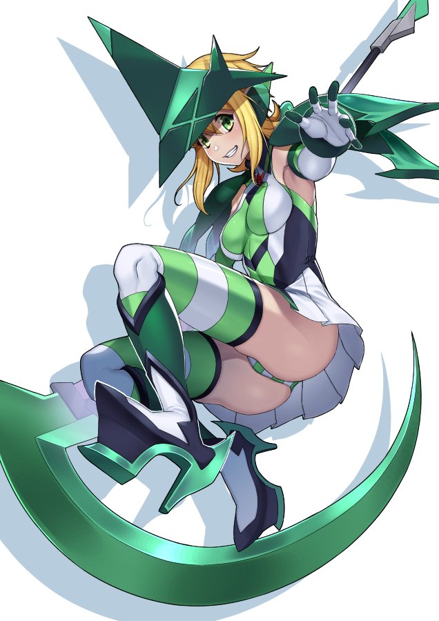 1girl akatsuki_kirika ass blonde_hair breasts commentary_request covered_navel elbow_gloves gloves green_eyes hair_ornament headgear high_heels holding holding_weapon leotard looking_at_viewer medium_breasts outstretched_arm parted_lips scythe senki_zesshou_symphogear short_hair simple_background skirt smile solo striped striped_legwear teeth tsukamoto_kensuke weapon white_background x_hair_ornament