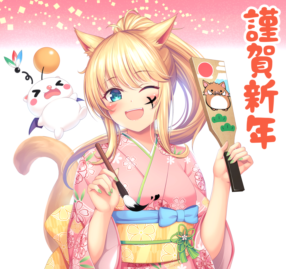 &gt;_&lt; 1girl ;d antenna_hair blonde_hair blue_bow blue_eyes blush blush_stickers boar bow calligraphy_brush cat_girl cat_tail commentary_request facepaint facial_mark final_fantasy final_fantasy_xiv floral_print gradient gradient_background green_nails hagoita hanetsuki heart high_ponytail holding_brush ink japanese_clothes kimono long_hair looking_back miqo'te moogle motion_lines mutsuba_fumi nail_polish obi one_eye_closed open_mouth paddle paintbrush pink_kimono ponce print_kimono sash sidelocks smile solo tail tareme upper_body upper_teeth whisker_markings white_background