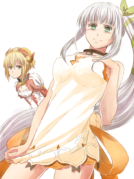 blonde_hair bow breasts choker collarbone cosplay dress dress_tug edna_(tales) edna_(tales)_(cosplay) eyebrows_visible_through_hair floating_hair green_bow green_eyes green_ribbon hair_bow hair_ribbon lailah_(tales) lailah_(tales)_(cosplay) long_hair looking_at_viewer medium_breasts mishiro_(andante) ribbon short_dress short_hair side_ponytail silver_hair simple_background sleeveless sleeveless_dress smile tales_of_(series) tales_of_zestiria very_long_hair white_background white_dress