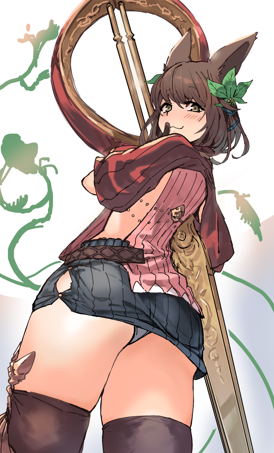 1girl :3 animal_ears ass black_legwear blush brown_eyes brown_hair erune eyebrows_visible_through_hair finger_to_mouth from_behind from_below ganesagi gloves granblue_fantasy hair_ornament highres la_coiffe_(granblue_fantasy) leaf_hair_ornament looking_at_viewer looking_back miniskirt panties puffy_sleeves scissors short_sleeves skirt solo thigh-highs underwear white_background