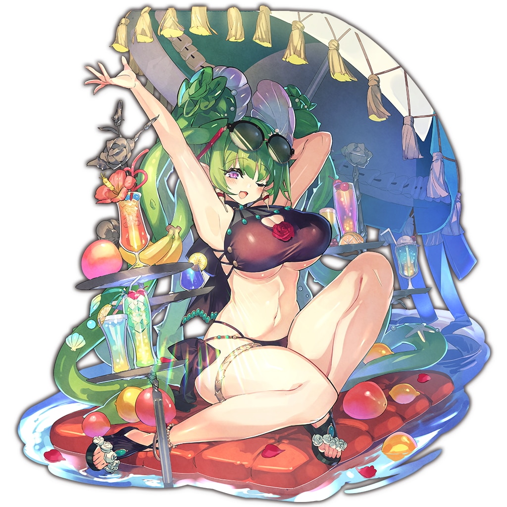 1girl armpits arms_up banana bikini black_bikini breasts cleavage cleavage_cutout drink eyewear_on_head feet flower food fruit green_hair hand_behind_head huge_breasts last_period lemon long_hair looking_at_viewer meldia_(last_period) navel official_art one_eye_closed open_mouth petals sandals seashell_hair_ornament sitting smile solo swimsuit tentacle_hair thigh_strap toes under_boob very_long_hair violet_eyes whoopin