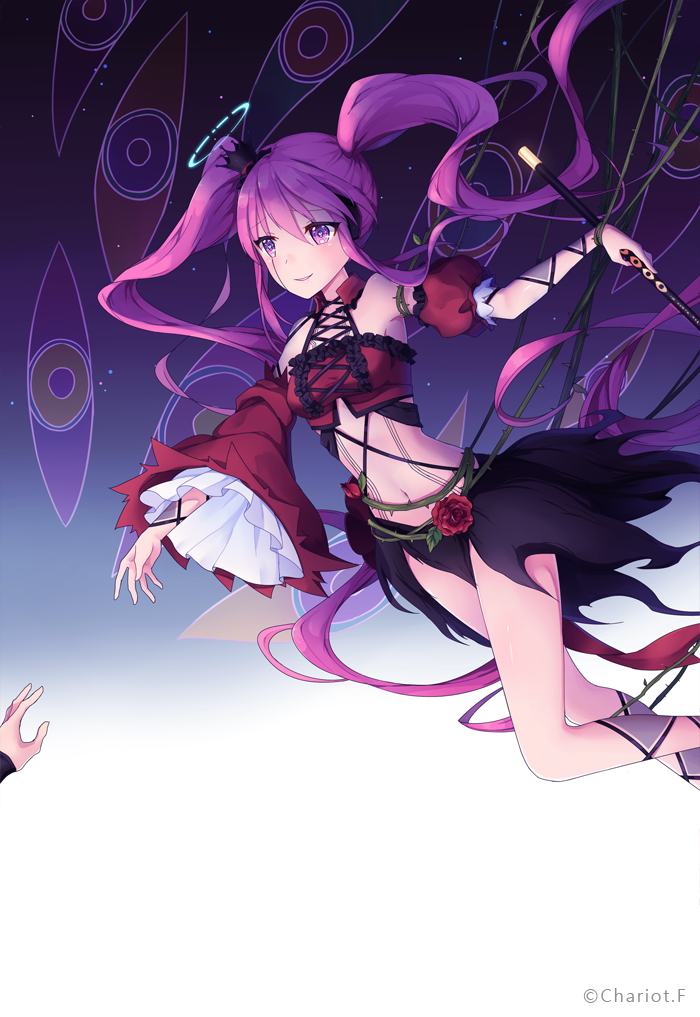 1girl absurdly_long_hair asymmetrical_sleeves black_skirt breasts chariot.f eyebrows_visible_through_hair floating_hair flower grace_(sound_voltex) hair_between_eyes holding long_hair midriff navel parted_lips purple_hair red_flower red_rose red_sleeves rose skirt small_breasts smile sound_voltex stomach twintails very_long_hair violet_eyes