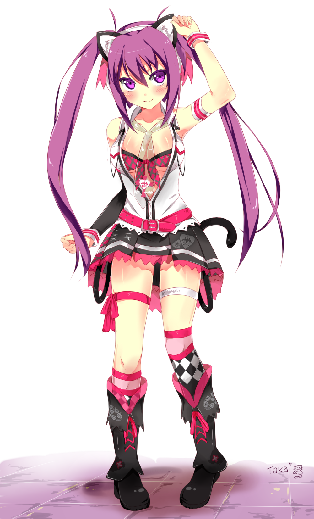 1girl animal_ears arm_up armband asymmetrical_legwear asymmetrical_sleeves beatmania beatmania_iidx belt black_footwear black_skirt black_sleeves blush boots breasts cat_ears cat_tail cleavage collarbone fake_animal_ears floating_hair front-tie_bikini front-tie_top full_body hairband highres knee_boots kneehighs long_hair looking_at_viewer looking_up medium_breasts miniskirt mizushiro_celica necktie open_clothes open_shirt pink_legwear pleated_skirt purple_hair red_bikini_top red_ribbon ribbon see-through shirt simple_background single_sleeve skirt sleeveless sleeveless_shirt smile solo standing tail takai_seika thigh_ribbon thigh_strap twintails very_long_hair violet_eyes white_background white_hairband white_shirt wristband