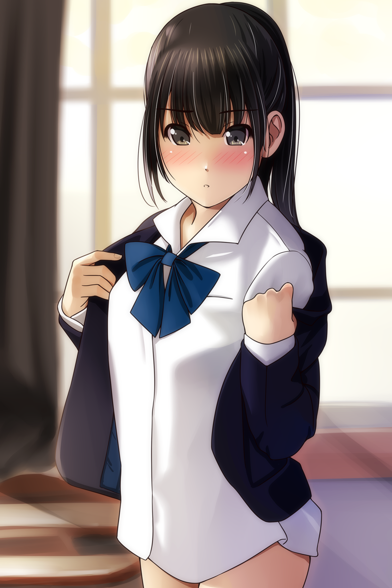 1girl :o bangs black_hair black_jacket blazer blue_bow blurry blurry_background blush bow brown_eyes commentary_request cowboy_shot curtains depth_of_field eyebrows_visible_through_hair hair_between_eyes highres indoors jacket looking_at_viewer matsunaga_kouyou no_pants nose_blush open_blazer open_clothes open_jacket original parted_lips shirt solo white_shirt window