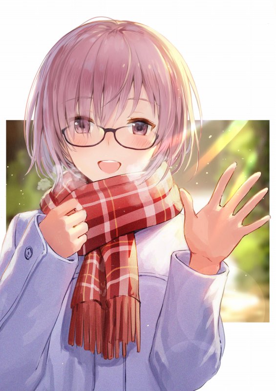 1girl blurry blurry_background blush breath brown_eyes coat eyebrows_visible_through_hair fate/grand_order fate_(series) glasses haru_(hiyori-kohal) light_rays looking_at_viewer mash_kyrielight open_mouth pink_hair scarf short_hair smile solo sunbeam sunlight waving