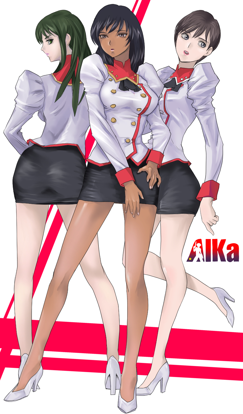 3girls 90s agent_aika aika_(series) ass bangs black_hair black_neckwear black_skirt breasts brown_hair closed_mouth commentary_request copyright_name cravat dark_skin delmogeny_uniform double-breasted extra eyebrows_visible_through_hair full_body green_eyes green_hair hand_on_hip high_heels highres jacket juliet_sleeves legs lipstick long_hair long_sleeves makeup medium_breasts multiple_girls parted_lips pencil_skirt pink_lips profile puffy_sleeves shimaguni_yamato short_hair simple_background skirt standing sumeragi_aika taut_clothes uniform white_delmo white_footwear white_jacket