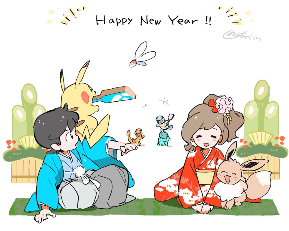 1boy 1girl ayumi_(pokemon) black_eyes black_hair brown_hair bulbasaur charmander closed_eyes creatures_(company) eevee floral_print game_freak gen_1_pokemon hagoita hakama hanetsuki hanten_(clothes) happy_new_year japanese_clothes kakeru_(pokemon) kimono mizutani_megumi nengajou new_year nintendo paddle pikachu pokemon pokemon_(creature) pokemon_(game) pokemon_lgpe pokemon_on_shoulder pom_pom_(clothes) ponytail seiza signature simple_background sitting squirtle white_background wide_sleeves