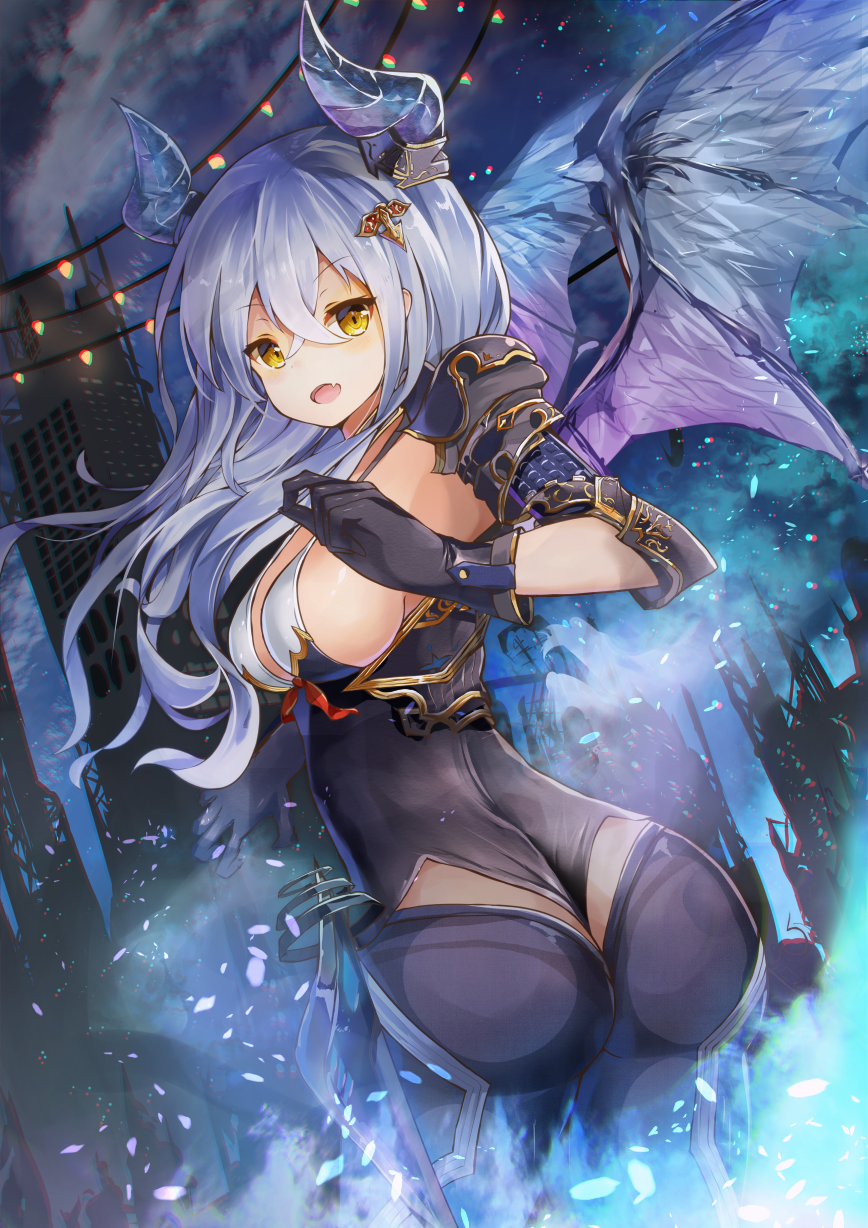 1girl ass breasts dragon_girl dragon_horns dragon_wings fang gloves highres horns large_breasts long_hair looking_at_viewer looking_back open_mouth original se-u-ra sideboob silver_hair smile solo wings yellow_eyes