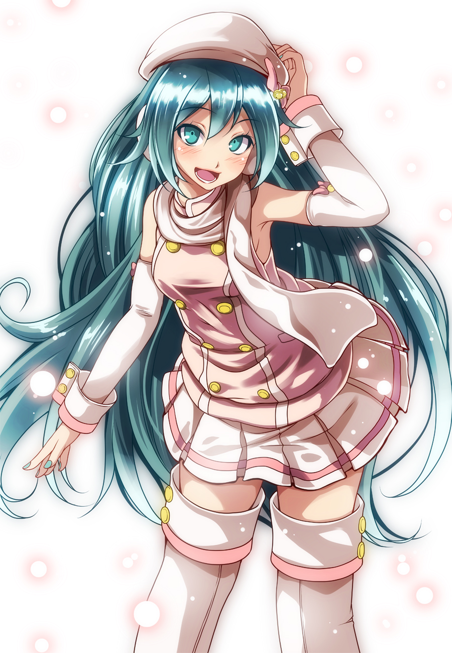 1girl :d aqua_eyes aqua_hair aqua_nails arm_up armpits bangs bare_shoulders bell beret boots breasts commentary_request detached_sleeves eyebrows_visible_through_hair hand_on_headwear hat hatsune_miku head_tilt highres jingle_bell leaning_forward long_hair long_sleeves looking_at_viewer miniskirt nail_polish open_mouth pleated_skirt project_diva_(series) scarf shiny shiny_hair skirt small_breasts smile solo thigh-highs thigh_boots tsukishiro_saika twintails very_long_hair vocaloid white_footwear white_hat white_scarf white_skirt wrist_cuffs zettai_ryouiki