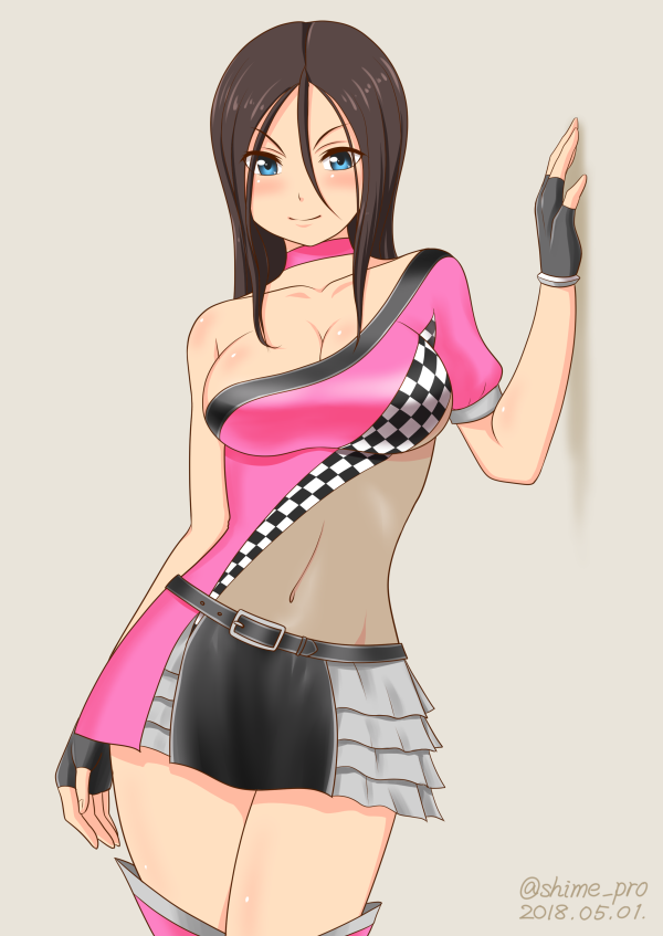 1girl alternate_costume black_hair blue_eyes blush breasts checkered choker collarbone contrapposto covered_navel cowboy_shot dated dress fingerless_gloves gloves hair_between_eyes large_breasts layered_dress long_hair looking_at_viewer pink_choker pink_legwear racequeen school_girl_strikers see-through shimeta_hiromitsu shiranui_hazuki short_dress single_bare_shoulder smile solo thigh-highs twitter_username zettai_ryouiki