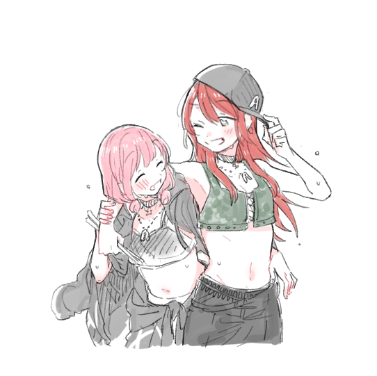 2girls ^_^ adjusting_clothes adjusting_hat arm_around_shoulder armpits bang_dream! bangs baseball_cap black_hat black_jacket black_pants blush bowwow_(hamju94) breasts camouflage choker cleavage closed_eyes closed_eyes clothes_around_waist crop_top grin hand_on_another's_arm hat holding_drumsticks jacket jacket_around_waist jacket_on_shoulders jewelry long_hair looking_at_another low_twintails medium_hair multiple_girls one_eye_closed pants pendant pink_hair redhead smile stomach sweat twintails udagawa_tomoe uehara_himari white_background