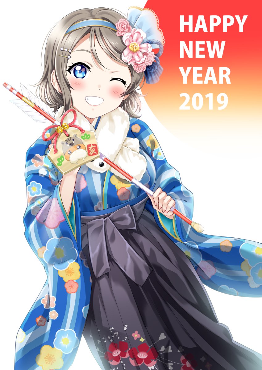 1girl 2019 arrow blue_eyes blush commentary_request floral_print flower grey_hair grin hair_flower hair_ornament hairband hairclip happy_new_year highres holding holding_arrow japanese_clothes kimono long_sleeves looking_at_viewer love_live! love_live!_sunshine!! new_year one_eye_closed rozen5 short_hair smile solo teeth translated watanabe_you wide_sleeves