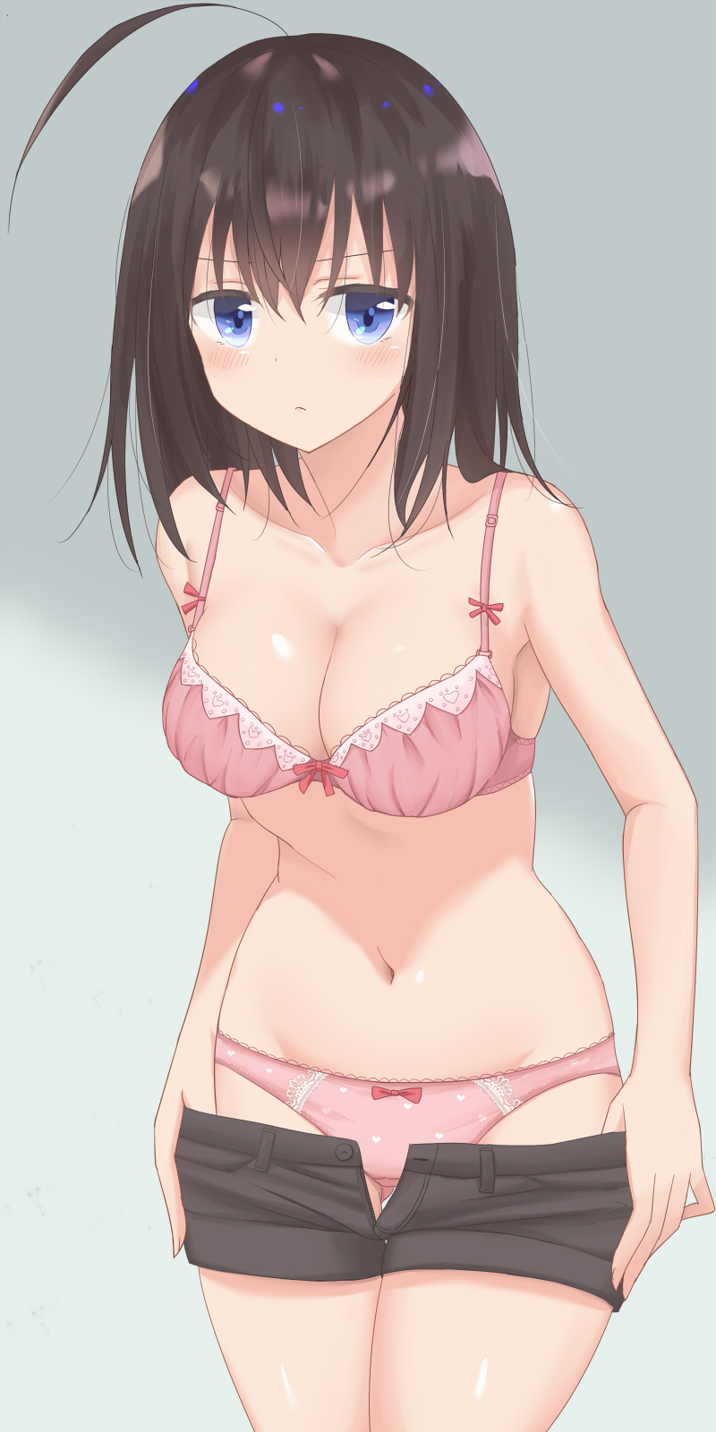 1girl ahoge bangs black_hair black_shorts blue_eyes blush bow bow_bra bow_panties bra breasts cleavage closed_mouth collarbone commentary cowboy_shot crotch_seam frown gluteal_fold gradient gradient_background heart heart_print highres lace lace-trimmed_bra lace-trimmed_panties leaning_forward looking_at_viewer lycorisia_elle medium_breasts medium_hair navel nerisan no_shirt original panties pink_bra pink_panties print_panties pulled_by_self short_shorts shorts shorts_pull solo standing thigh_gap thighs underwear undressing