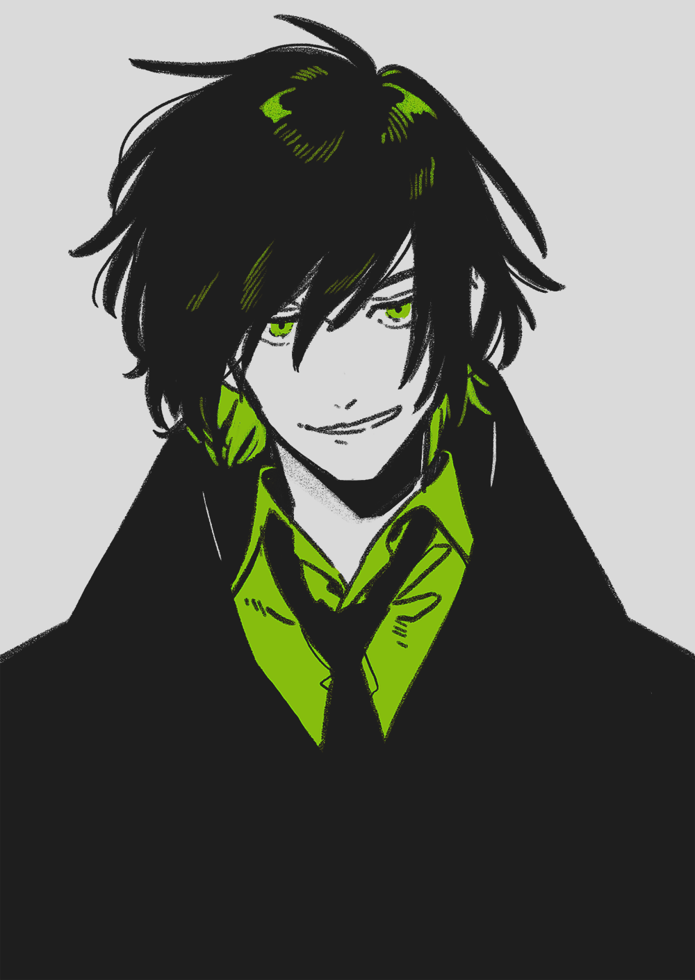 1boy coat collared_shirt green green_eyes green_hair grey_background highres keishin looking_at_viewer monochrome necktie original shirt simple_background smile solo upper_body wing_collar