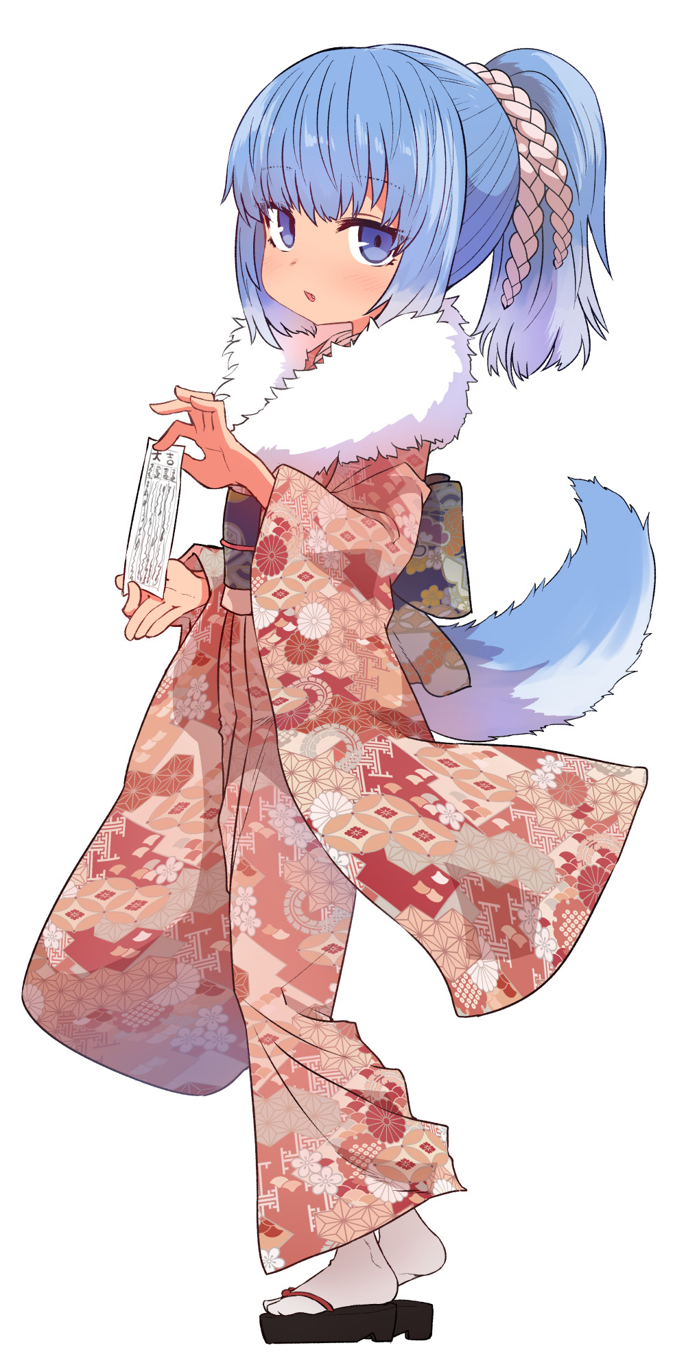 1girl :o blue_hair blush dog_tail eyebrows_visible_through_hair floral_print from_side fur_trim hair_ornament highres holding inu-t japanese_clothes kimono long_sleeves looking_at_viewer looking_to_the_side obi parted_lips pink_kimono platform_footwear ponytail sandals sash simple_background socks solo standing sumiyao_(amam) tail violet_eyes white_background white_legwear