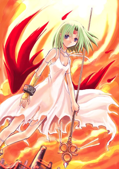 1girl blue_eyes breasts breath_of_fire breath_of_fire_v cleavage dress facial_mark full_body_tattoo green_hair kotonemaru nina_(breath_of_fire_v) red_wings see-through short_hair solo staff tattoo weapon white_dress wings