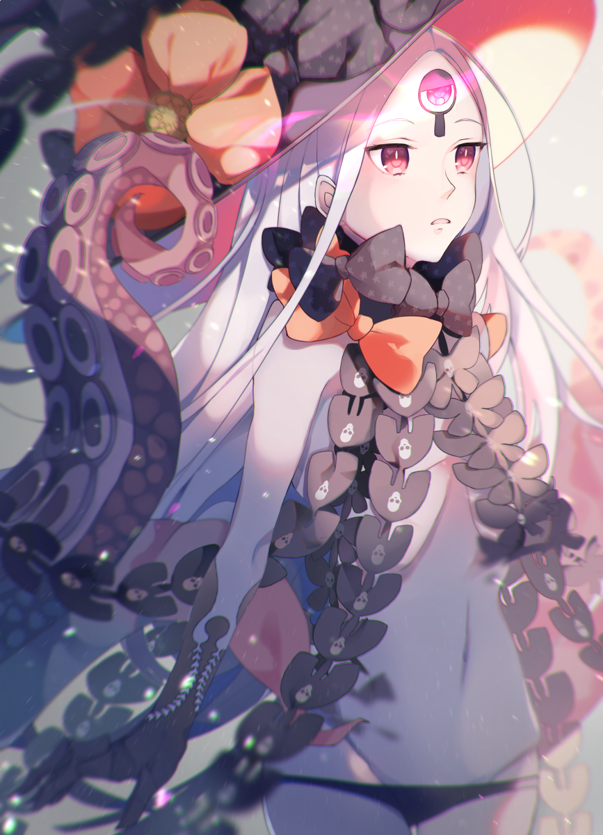 1girl abigail_williams_(fate/grand_order) bangs black_bow black_gloves black_hat black_panties bow commentary_request elbow_gloves fate/grand_order fate_(series) gloves glowing groin hat hat_bow highres hiyunagi long_hair looking_away navel orange_bow pale_skin panties parted_bangs parted_lips print_bow red_eyes revealing_clothes skull_print solo star star_print suction_cups tentacle topless underwear very_long_hair white_hair witch_hat