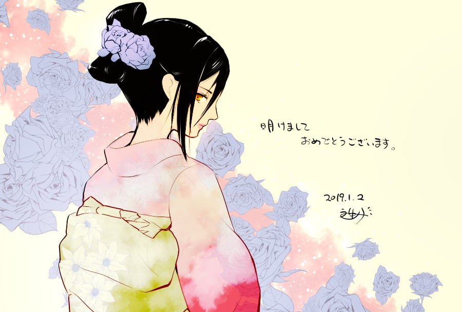 1girl 2019 floral_print flower japanese_clothes kimono long_hair looking_at_viewer meleph_(xenoblade) new_year nintendo obi reverse_trap sash simple_background solo uyumizyunco white_background xenoblade_(series) xenoblade_2