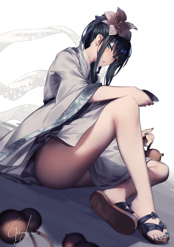 1girl ass bangs bare_legs black_hair blue_eyes blue_nails closed_mouth cup earrings fate/grand_order fate_(series) feet flower gourd hair_flower hair_ornament hair_ribbon holding holding_cup japanese_clothes jewelry jing_ke_(fate/grand_order) kimono knee_up kyouya_(mukuro238) long_hair long_sleeves looking_at_viewer nail_polish ribbon sandals sidelocks signature sitting solo thighs toes white_kimono wide_sleeves