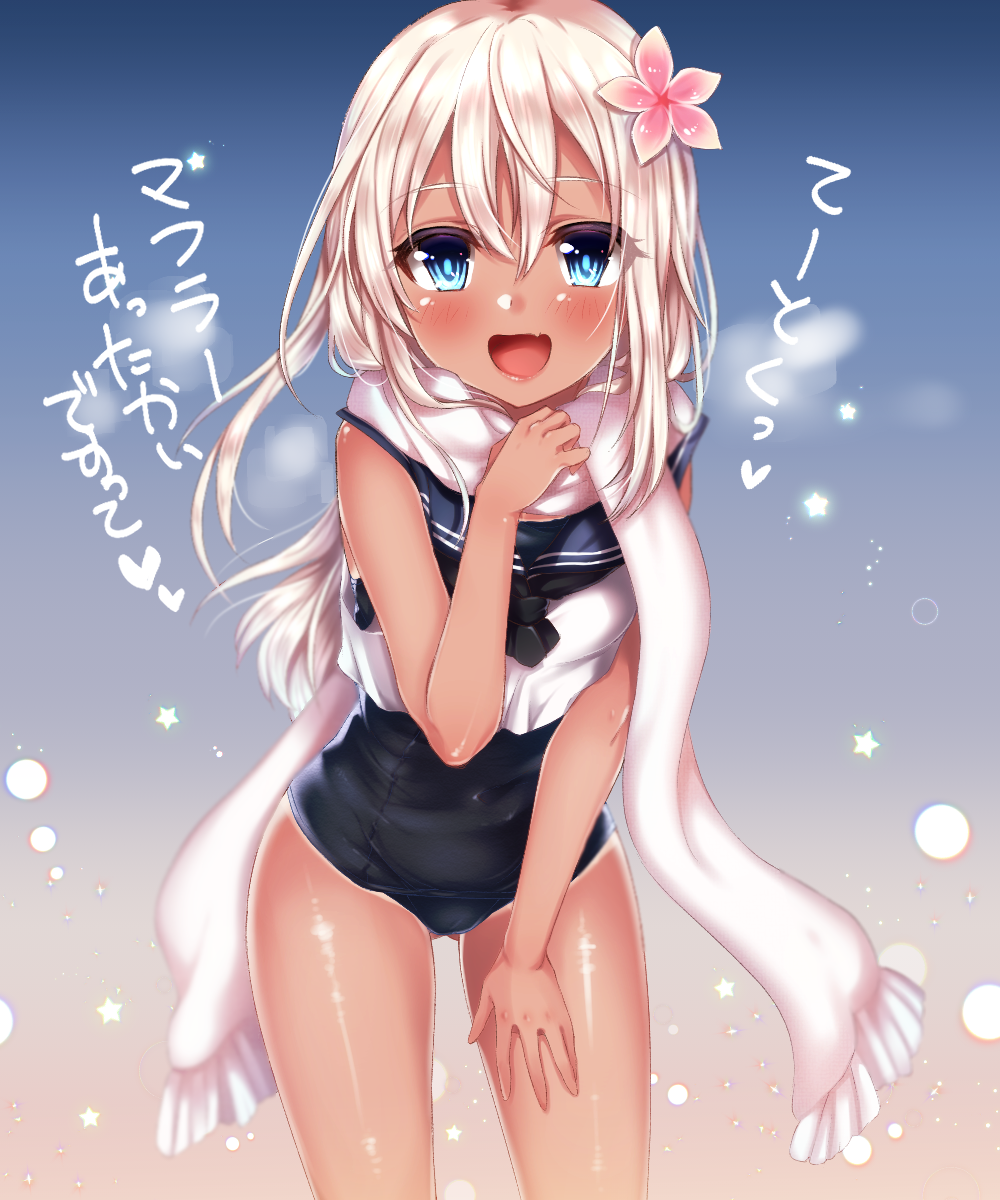 1girl black_legwear black_sailor_collar black_swimsuit blonde_hair blue_background blue_eyes breath commentary_request cowboy_shot crop_top fang flower gradient gradient_background hair_flower hair_ornament highres kantai_collection leaning_forward long_hair neckerchief nmo one-piece_swimsuit one-piece_tan open_mouth pink_background pink_scarf ro-500_(kantai_collection) sailor_collar scarf school_swimsuit snow solo swimsuit swimsuit_under_clothes tan tanline translated