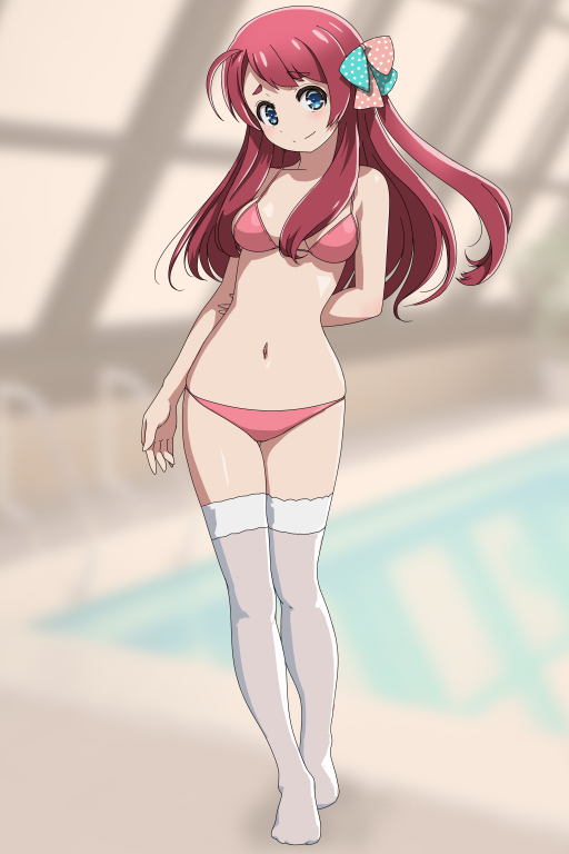 1girl bikini blue_eyes blush bow breasts full_body hair_ribbon long_hair looking_at_viewer medium_breasts minamoto_sakura navel polka_dot polka_dot_bow pool red_bikini redhead rei_no_pool ribbon rohitsuka smile solo standing swimsuit thigh-highs zombie_land_saga