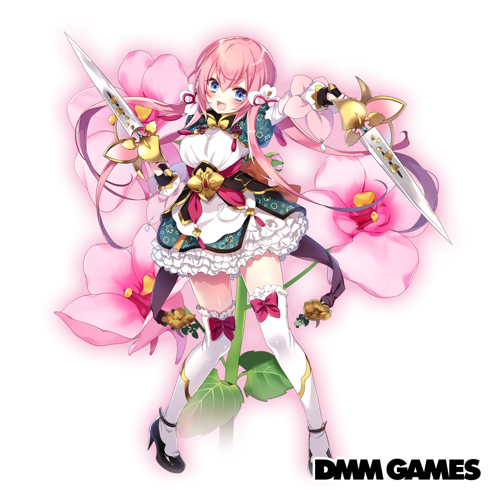 1girl blue_eyes bow copyright_name costume_request dagger diasukia_(flower_knight_girl) dmm dress floral_background flower_knight_girl full_body golden_hilt hair_ornament long_hair looking_at_viewer official_art pink_bow pink_hair standing tagme twintails weapon white_background white_legwear