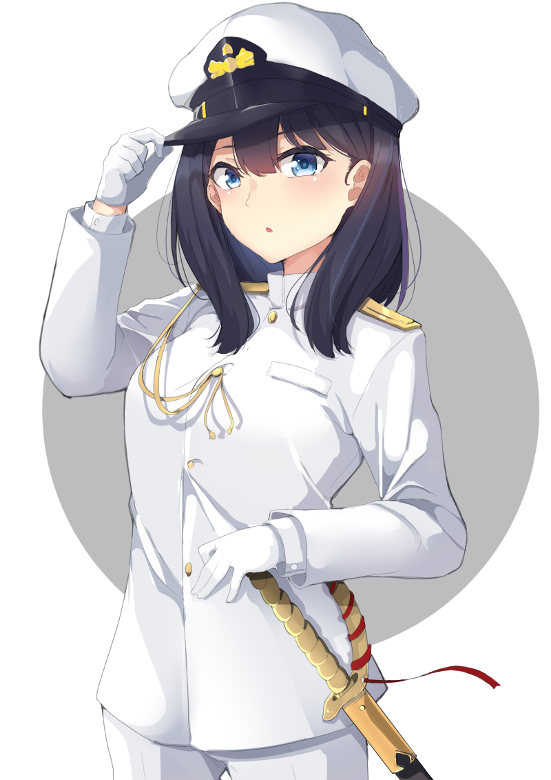1girl :o aiguillette arm_up black_hair blue_eyes blush commentary_request cowboy_shot gloves hand_on_headwear hat jacket long_hair long_sleeves looking_at_viewer military military_jacket military_uniform minato_yu parted_lips peaked_cap sheath sheathed solo ssss.gridman sword takarada_rikka two-tone_background uniform weapon white_gloves white_hat white_jacket