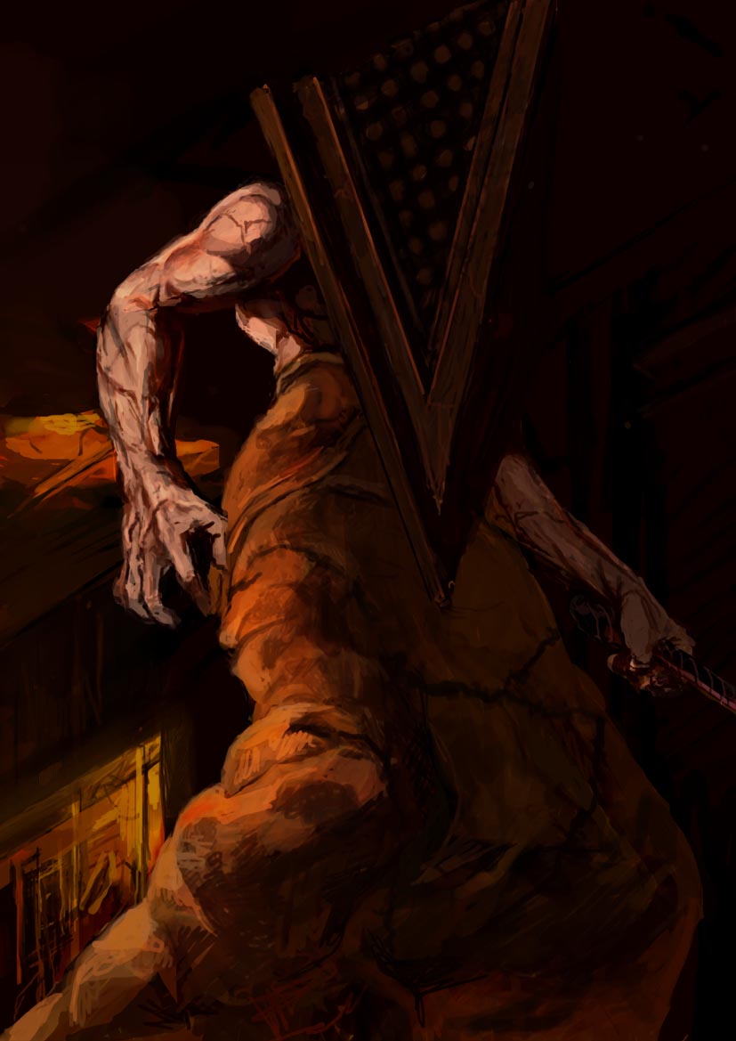 1boy commentary_request hat helmet male_focus monster muscle pyramid_head shirtless silent_hill silent_hill_(movie) silent_hill_2 solo weapon