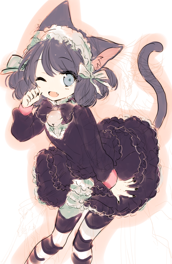 1girl ;d animal_ears bad_link bell black_nails bow bowtie cat_ears cat_girl cat_tail center_frills check_character check_copyright cyan_(show_by_rock!!) eyebrows_visible_through_hair fang frilled_shirt_collar frills gothic_lolita hairband hand_up jingle_bell leaning_forward light_blue_eyes light_blush lolita_fashion lolita_hairband long_sleeves looking_at_viewer nail_polish one_eye_closed open_mouth outline pigeon-toed raised_eyebrows short_hair show_by_rock!! sketch smile solo spread_fingers tail tail_raised unaligned_ears