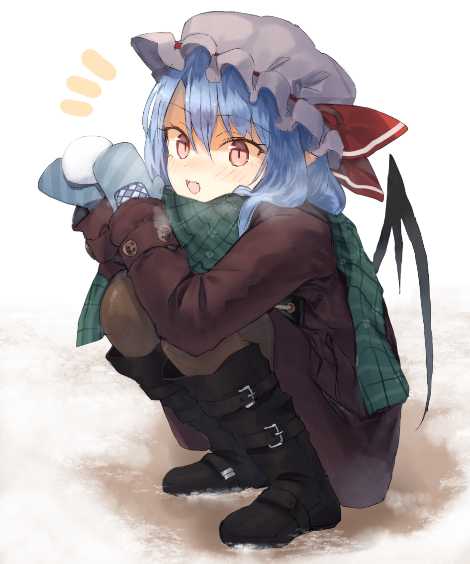 1girl alternate_costume black_footwear black_wings blue_hair blush boots brown_coat buttons coat eyebrows_visible_through_hair full_body green_scarf hair_between_eyes hat hat_ribbon holding kasuka_(kusuki) looking_at_viewer mittens mob_cap pointy_ears red_eyes red_ribbon remilia_scarlet ribbon scarf short_hair slit_pupils smile snowball solo squatting touhou white_background white_hat wings