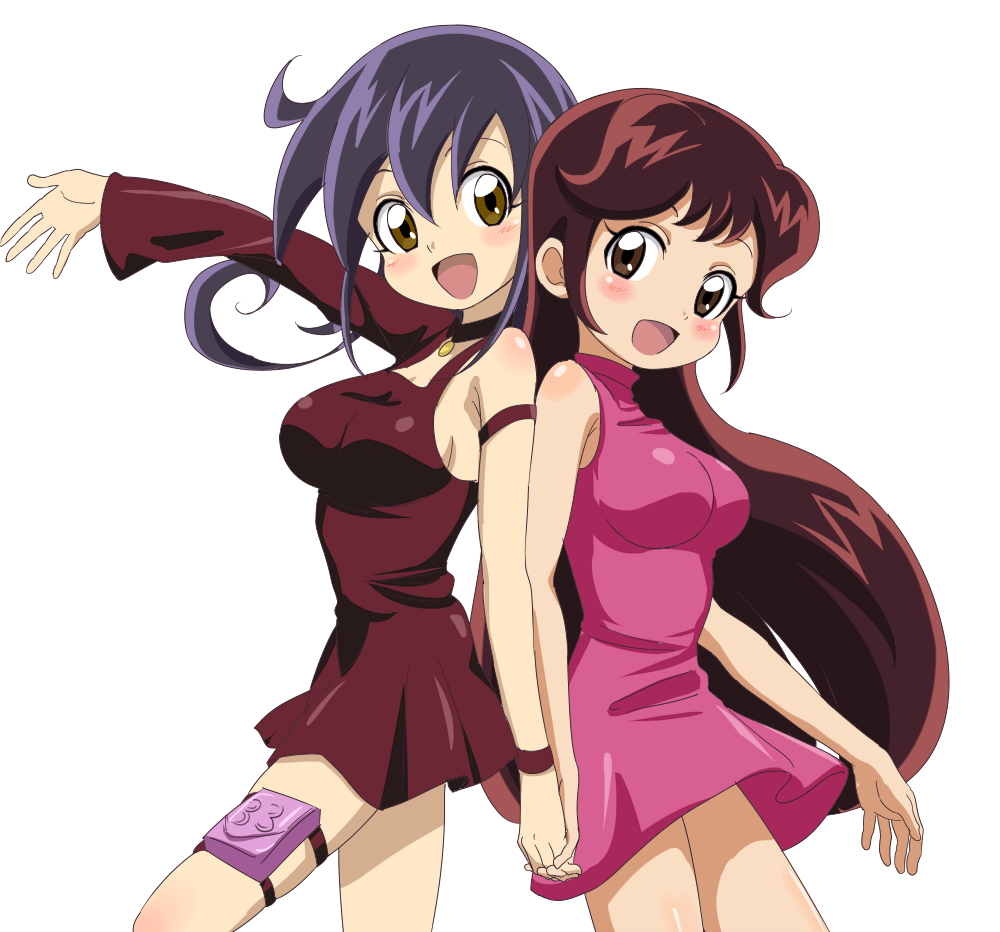 2girls :d back-to-back bangs bare_shoulders black_hair blush breasts brown_eyes brown_hair choker dress duel_masters hair_between_eyes hand_holding long_hair long_sleeves looking_at_viewer manaka_sayuki medium_breasts multiple_girls open_mouth outstretched_arm pink_dress purple_dress short_dress simple_background single_sleeve sleeveless sleeveless_dress smile tasogare_mimi thigh_pouch trg-_(sain) very_long_hair white_background yellow_eyes