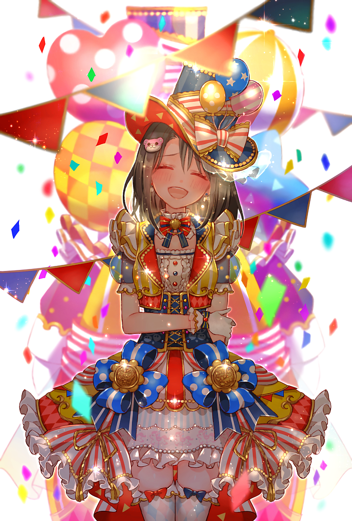 1girl :d ^_^ argyle argyle_legwear balloon bang_dream! bear_hair_ornament blurry blurry_background blush bow bowtie brown_hair character_hair_ornament chino_machiko closed_eyes closed_eyes commentary_request confetti corset cowboy_shot cropped_vest depth_of_field embarrassed facing_viewer frilled_skirt frills glint gloves hair_ornament hand_on_own_arm hat hat_bow hat_ornament head_tilt heart_balloon michelle_(bang_dream!) okusawa_misaki open_mouth overskirt red_neckwear red_skirt red_vest short_hair showgirl_skirt skirt smile solo standing string_of_flags striped striped_bow thigh-highs top_hat vest white_gloves white_legwear