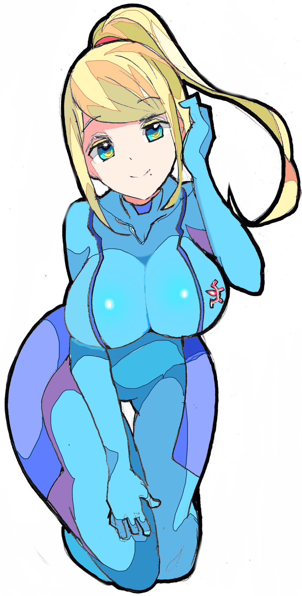1girl bangs blonde_hair blue_bodysuit blue_eyes bodysuit breasts closed_mouth colored_eyelashes covered_collarbone enpe eyebrows_visible_through_hair hand_on_own_head highres large_breasts long_hair looking_at_viewer metroid mole mole_under_mouth nintendo ponytail samus_aran simple_background smile solo swept_bangs thigh_gap white_background zero_suit