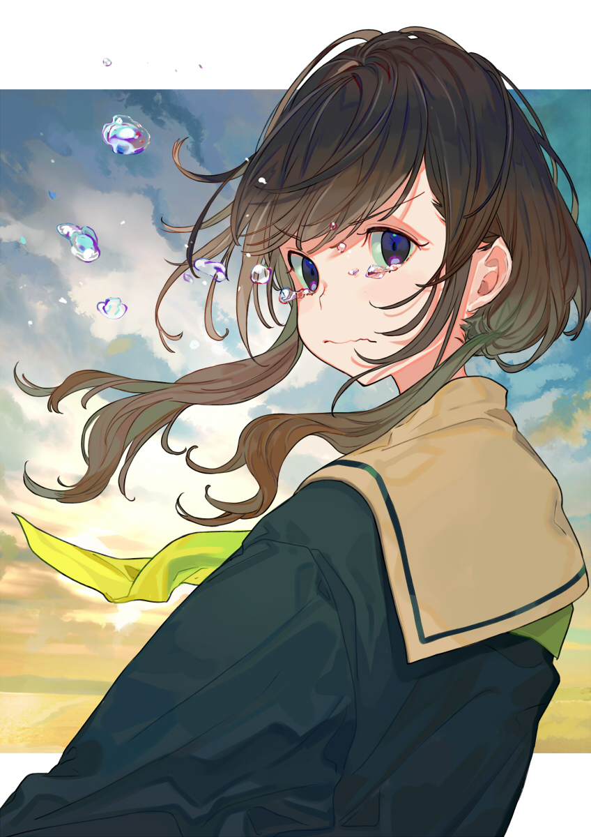 1girl bangs black_shirt blue_eyes blue_sky brown_hair closed_mouth clouds cloudy_sky commentary_request crying crying_with_eyes_open eyebrows_visible_through_hair floating_hair highres long_hair long_sleeves looking_at_viewer original outdoors sailor_collar school_uniform serafuku shirt sidelocks sky solo tears upper_body v-shaped_eyebrows water_drop wavy_mouth white_sailor_collar wind yuu_(higashi_no_penguin)